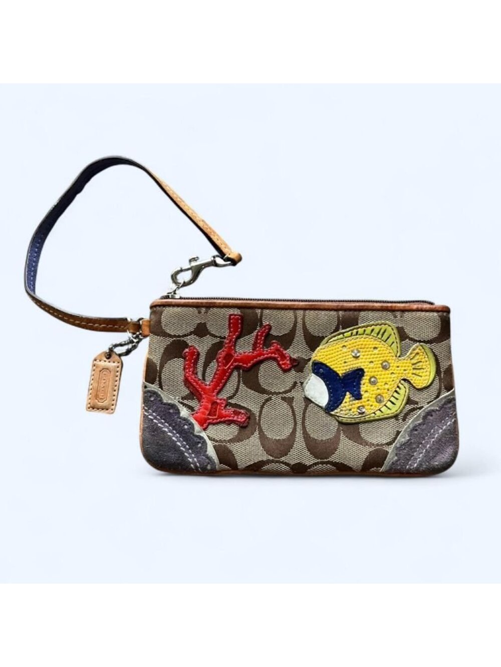 Limited Edition Coach Wristlet Yellow Fish Red Coral Appliqué Coastal Nautical